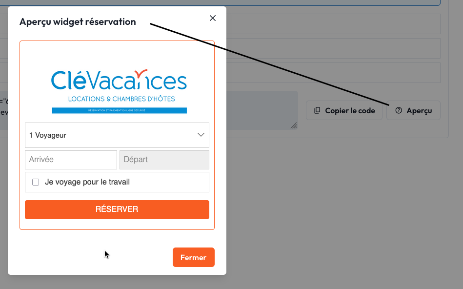 Fenêtre d'aperçu du widget avec le logo Clévacances.