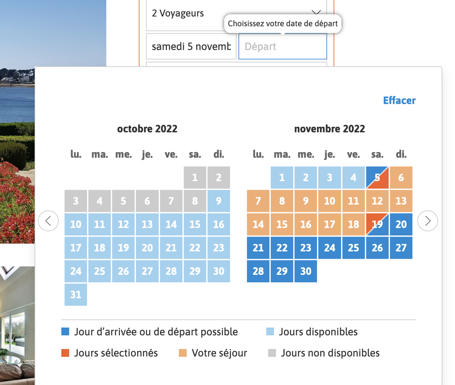 Capture d'écran Aside réservation sélecteur des dates.