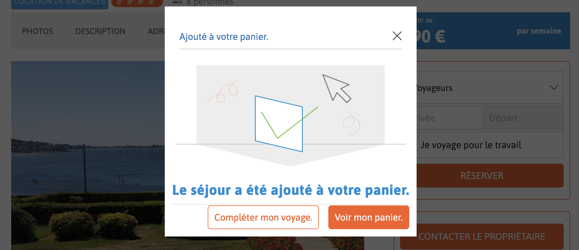 Capture d'écran Popin avec la confirmation de réservation du séjour.