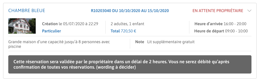 Capture d'écran Détail d'une réservation en attente de confirmation du propriétaire