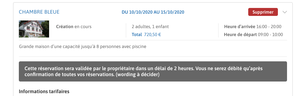 Capture d'écran Détail d'une réservation en attente de confirmation du propriétaire.