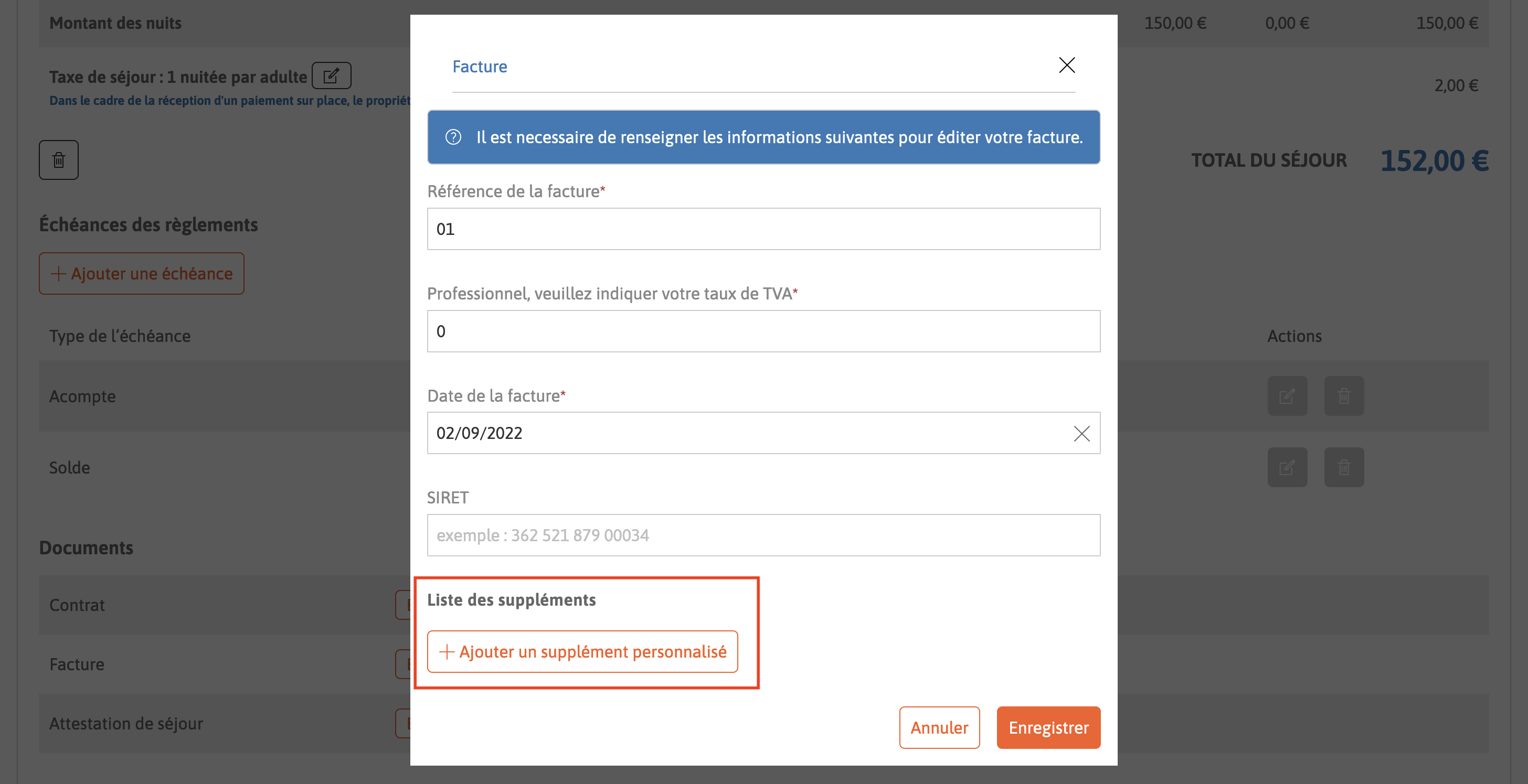 Capture d'écran Modifier les suppléments formulaire vide.