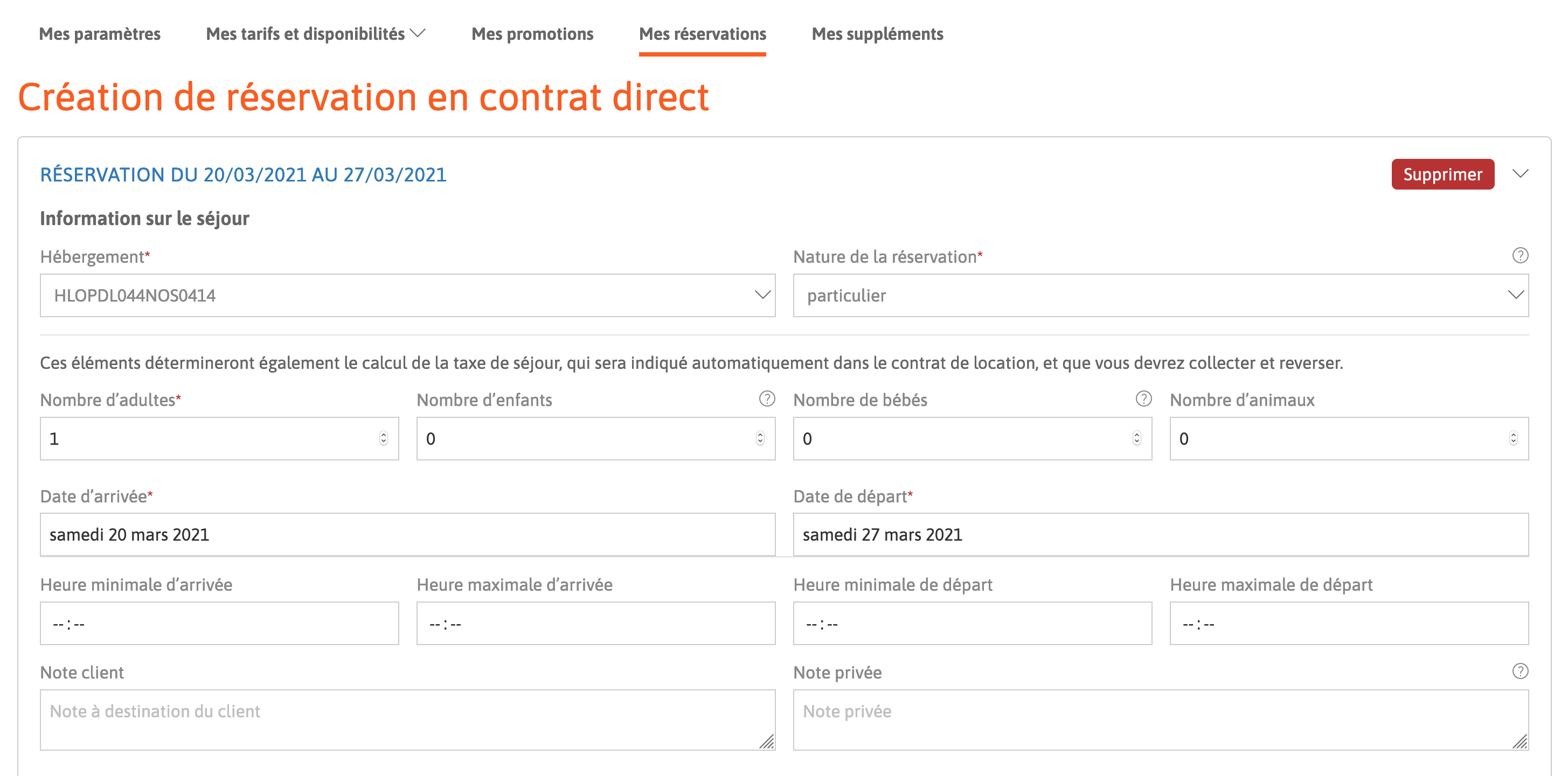 Capture d'écran Formulaire informations sur le séjour.