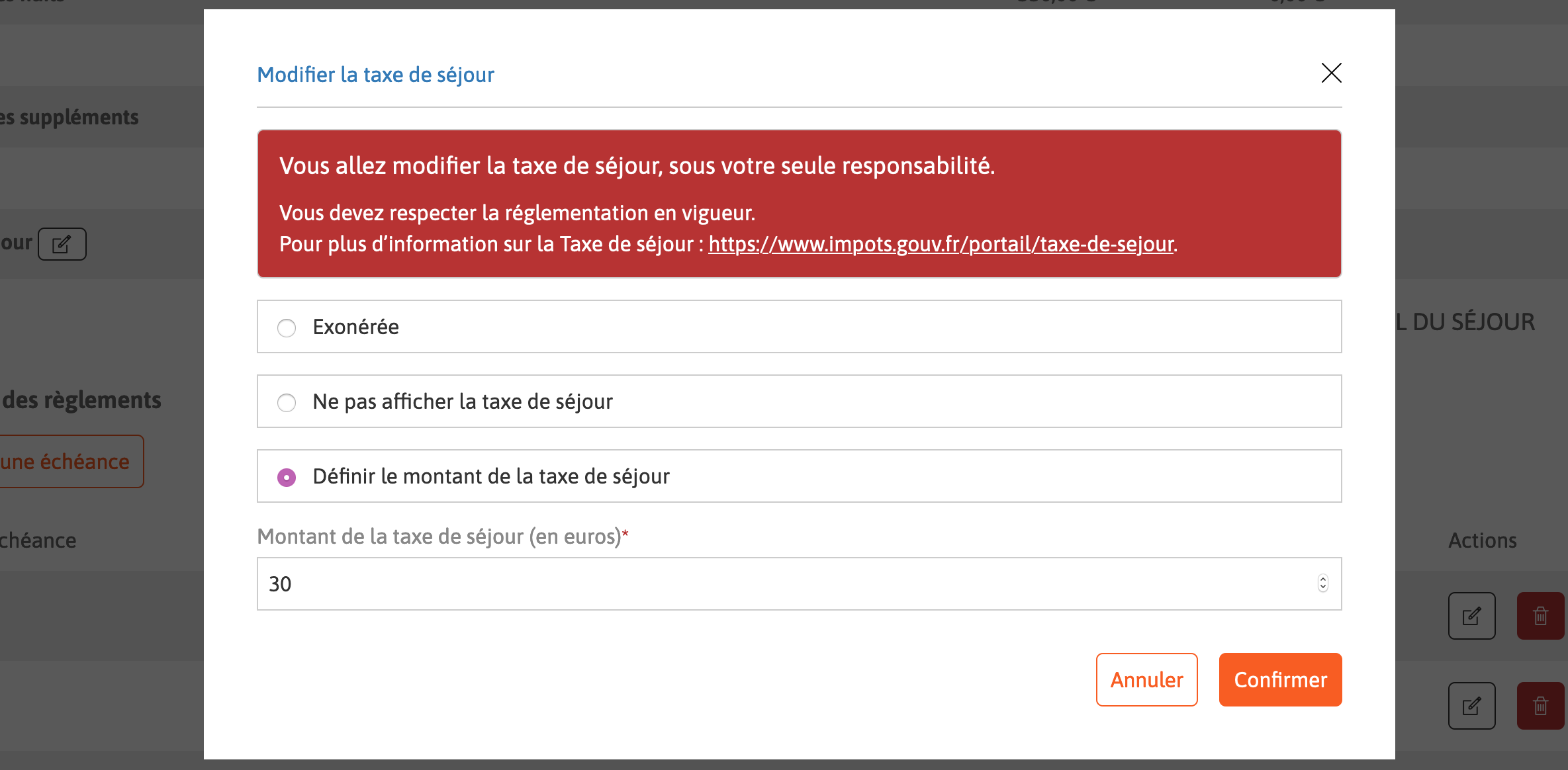 Capture d'écran formulaire modifier la taxe de séjour.