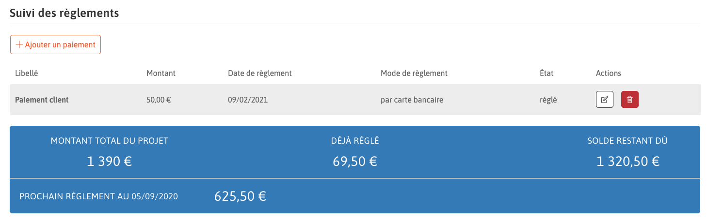 Capture d'écran Liste du suivi des règlements.