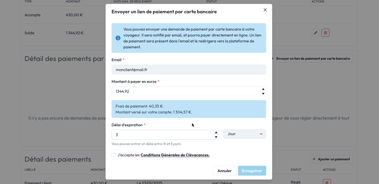 Capture d'écran Demande de paiement.