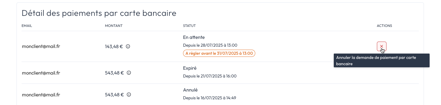 Capture d'écran Liste des demandes de paiement.