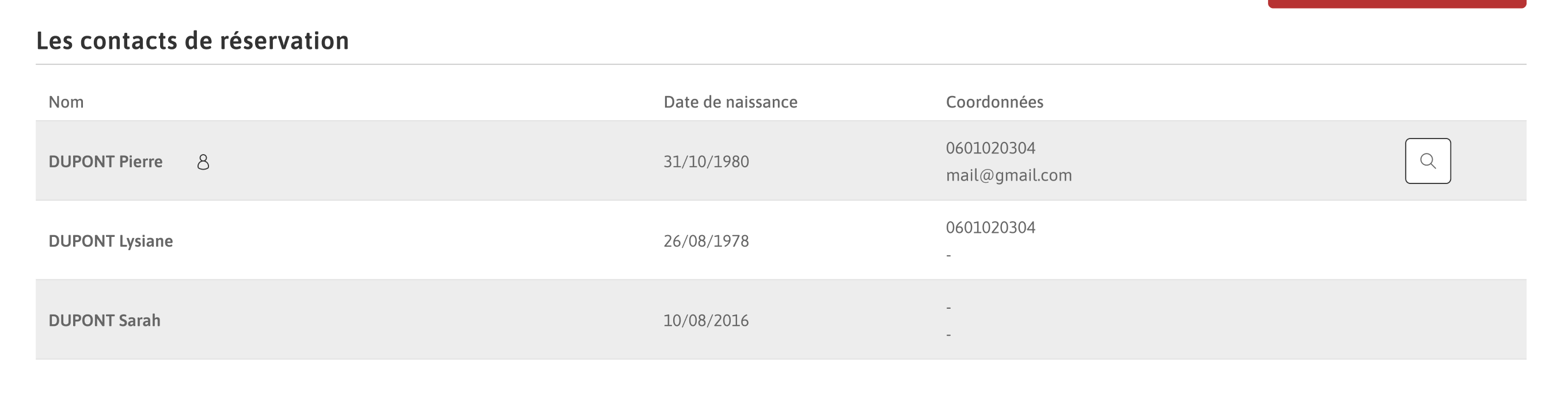 Capture d'écran Liste des contacts de réservation web.