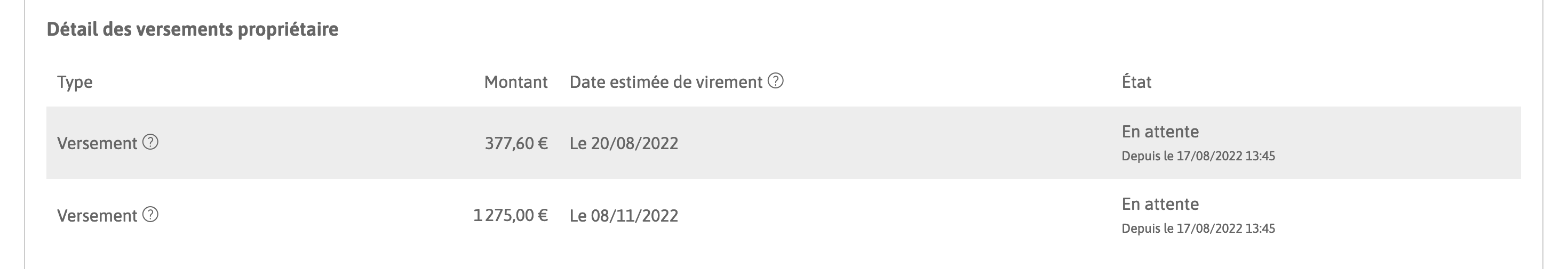 Capture d'écran Versements au propriétaire.