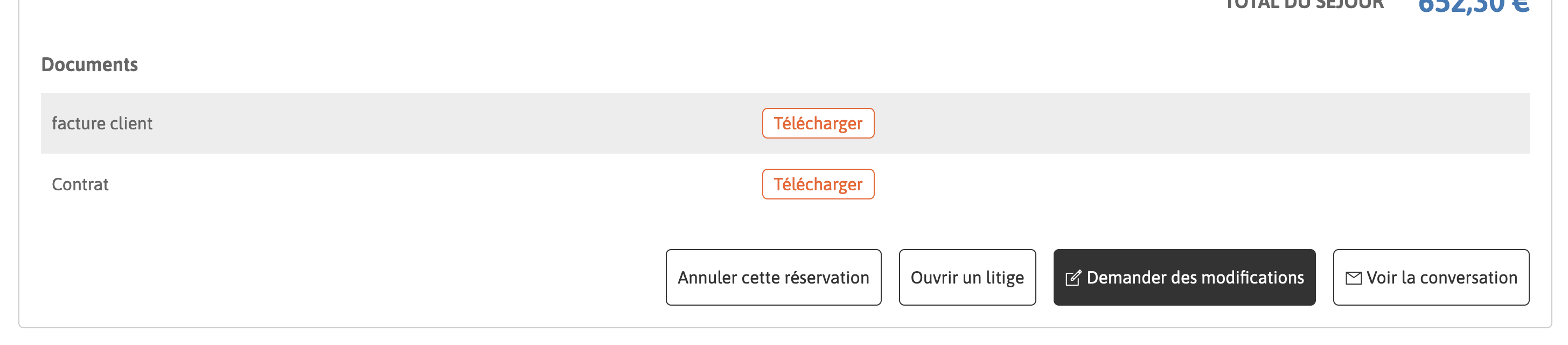 Capture d'écran du bouton Demander des modifications en bas du détail de la réservation.