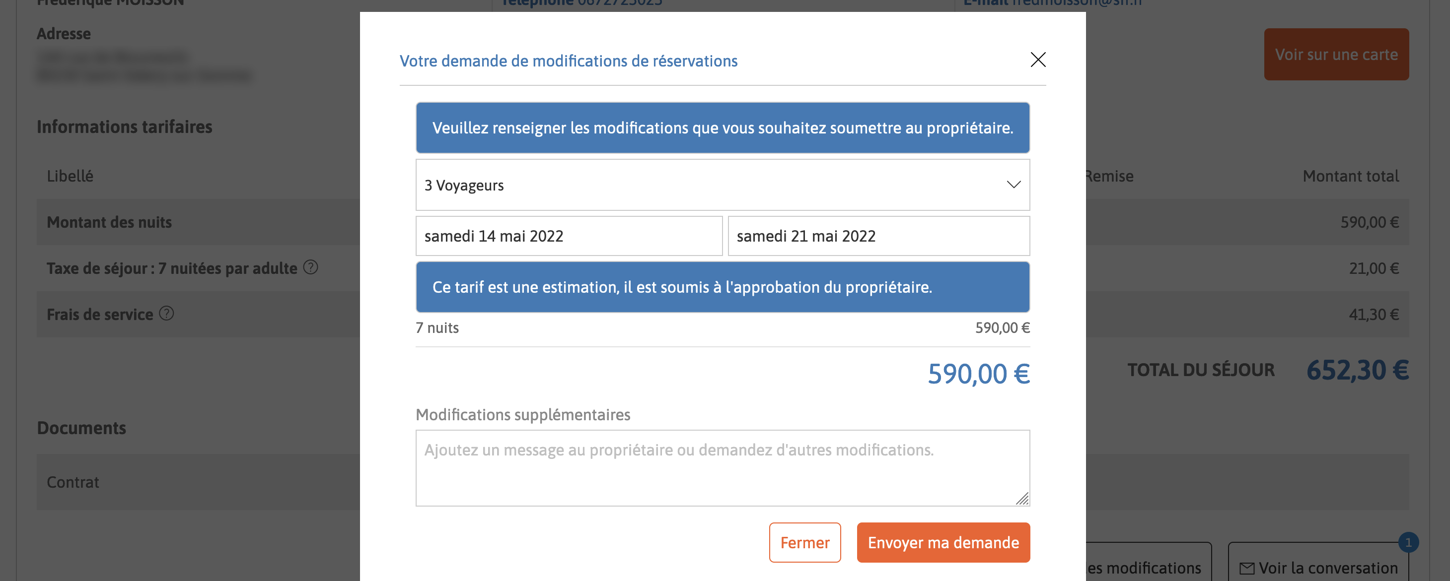 Formulaire de demande de modification dans une modale.