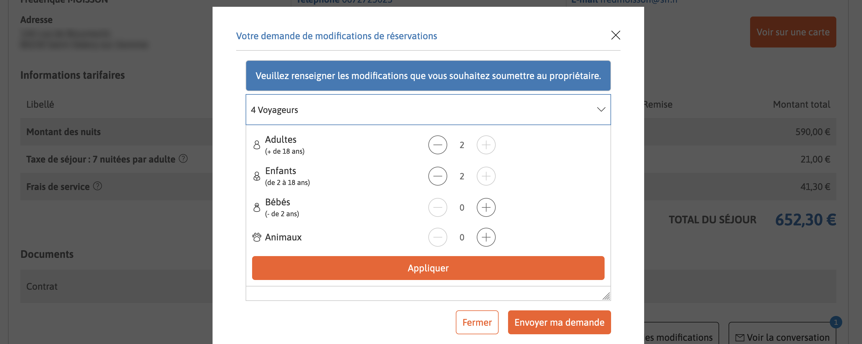 Formulaire avec modification de la composition des voyageurs.