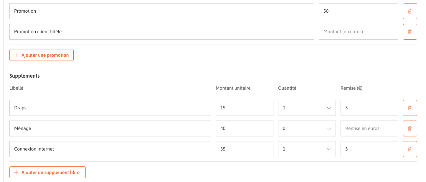 Capture d'écran de formulaire de modification des suppléments.