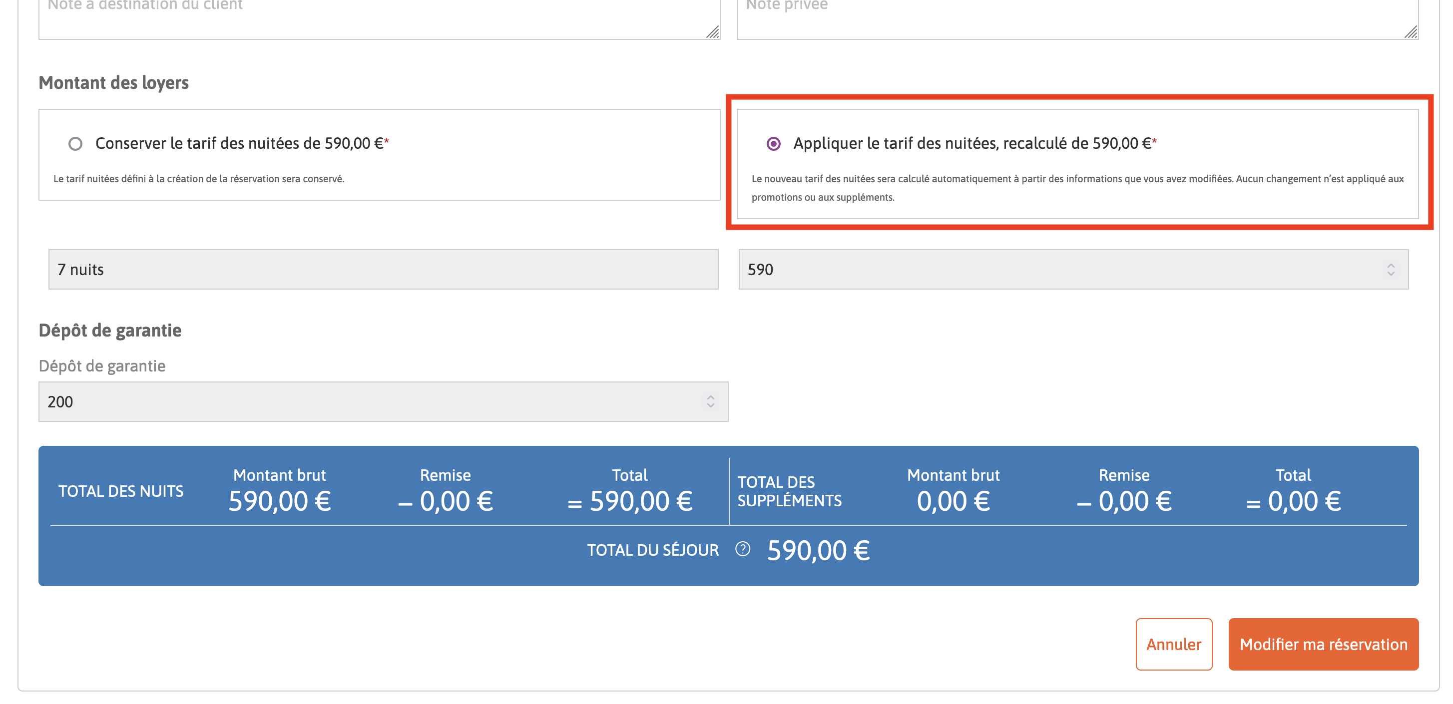 Capture d'écran du formulaire de modification, choix d'application du tarif recalculé.