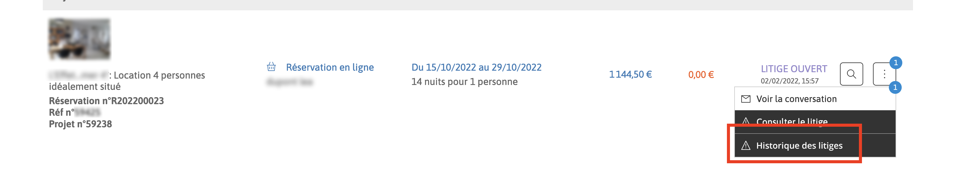 Bouton pour accèder à l'historique des litiges depuis la liste des réservations.