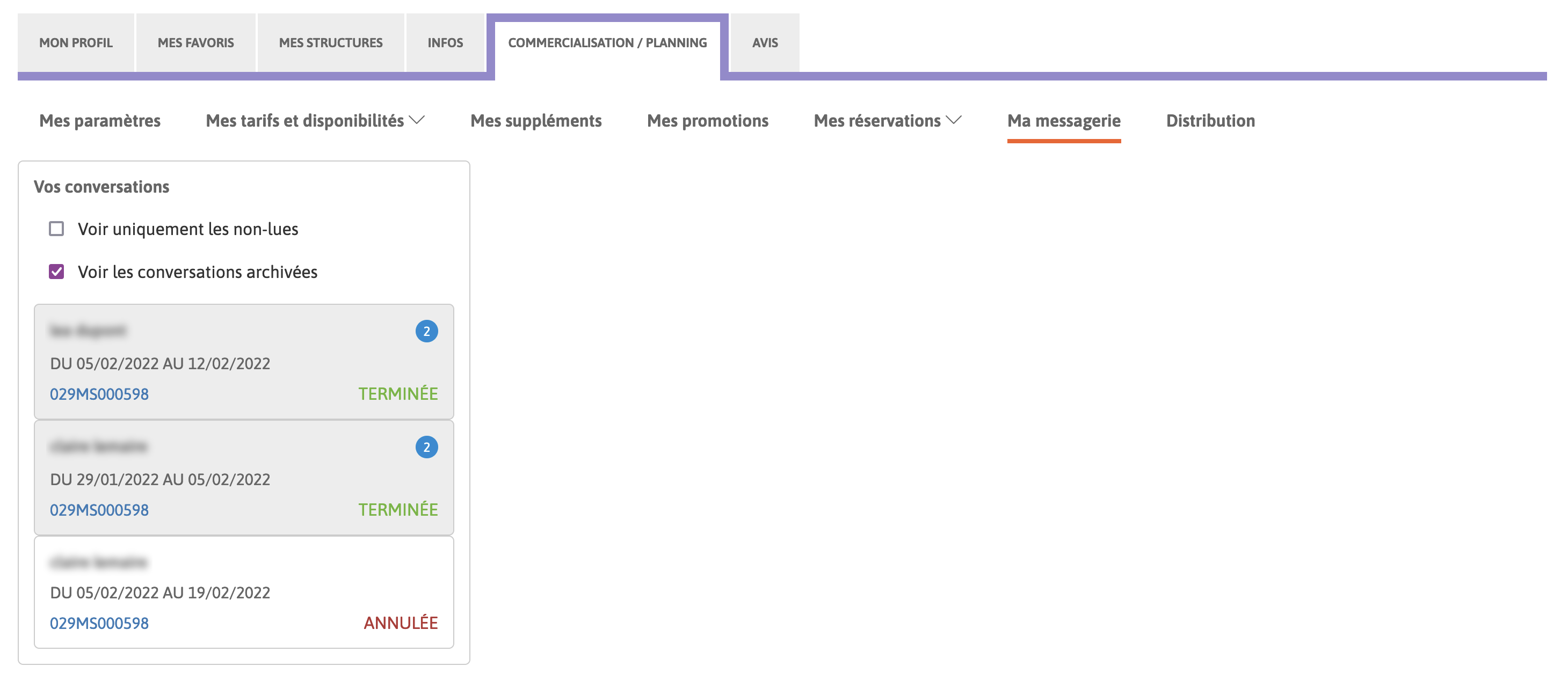 Liste des conversations du propriétaire.