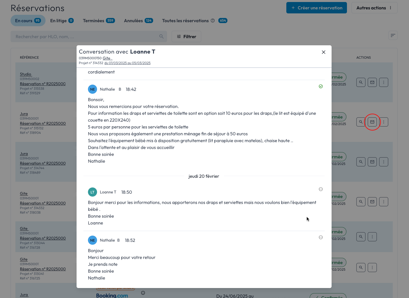 Modale de conversation dans le détail de la réservation partenaire.
