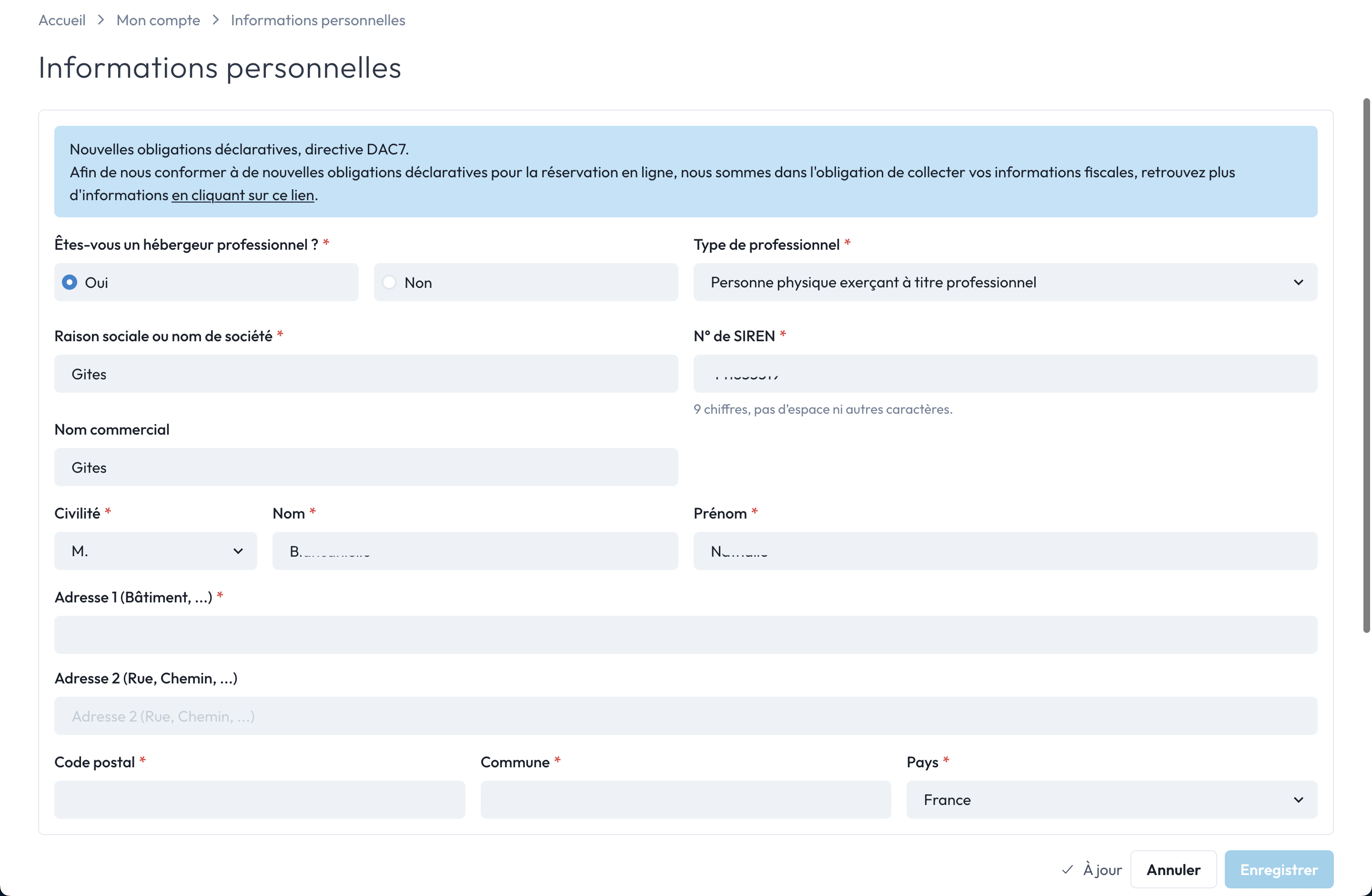 Formulaire Informations principales du compte.