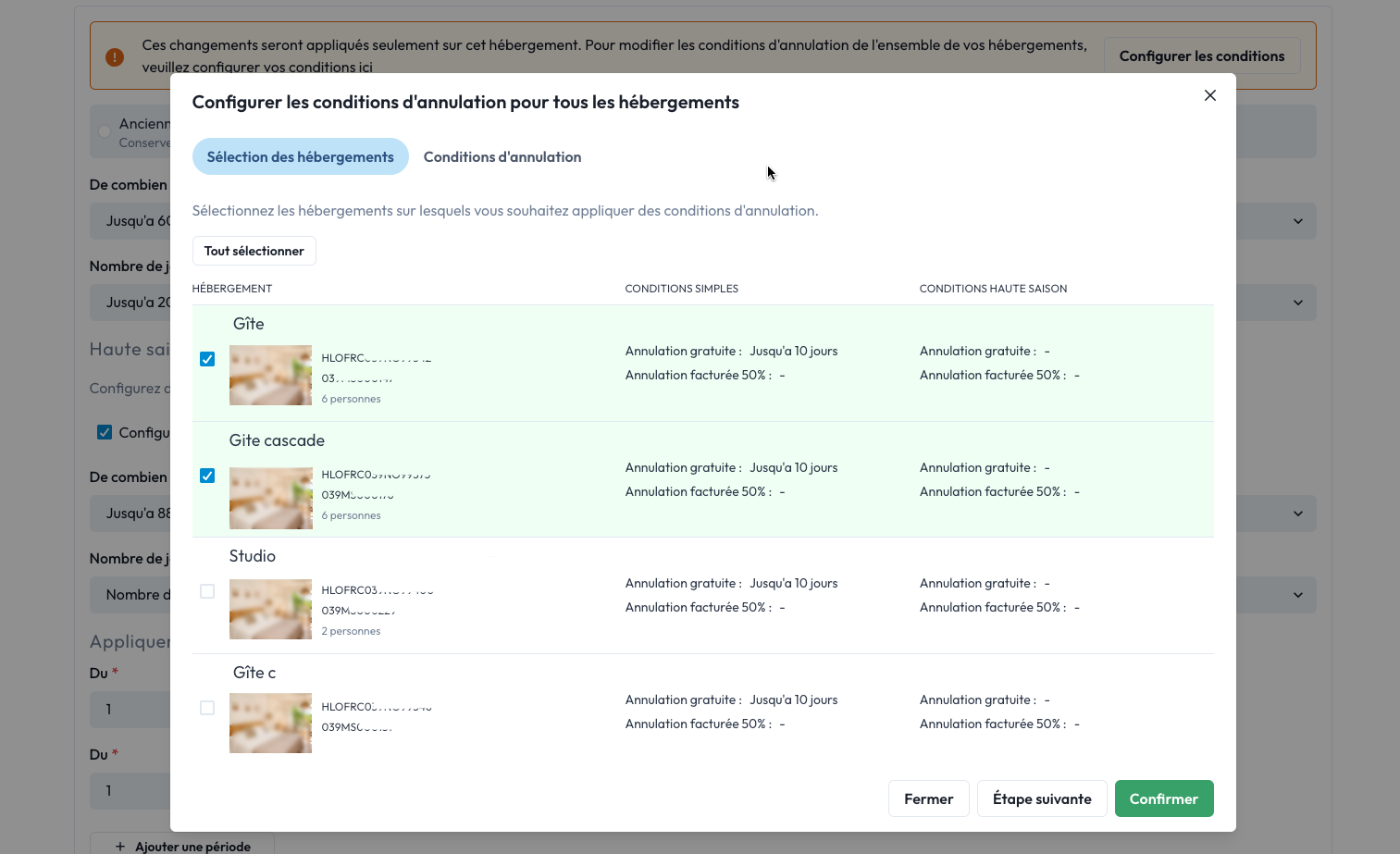 Modale choisir plusieurs hébergements à configurer.