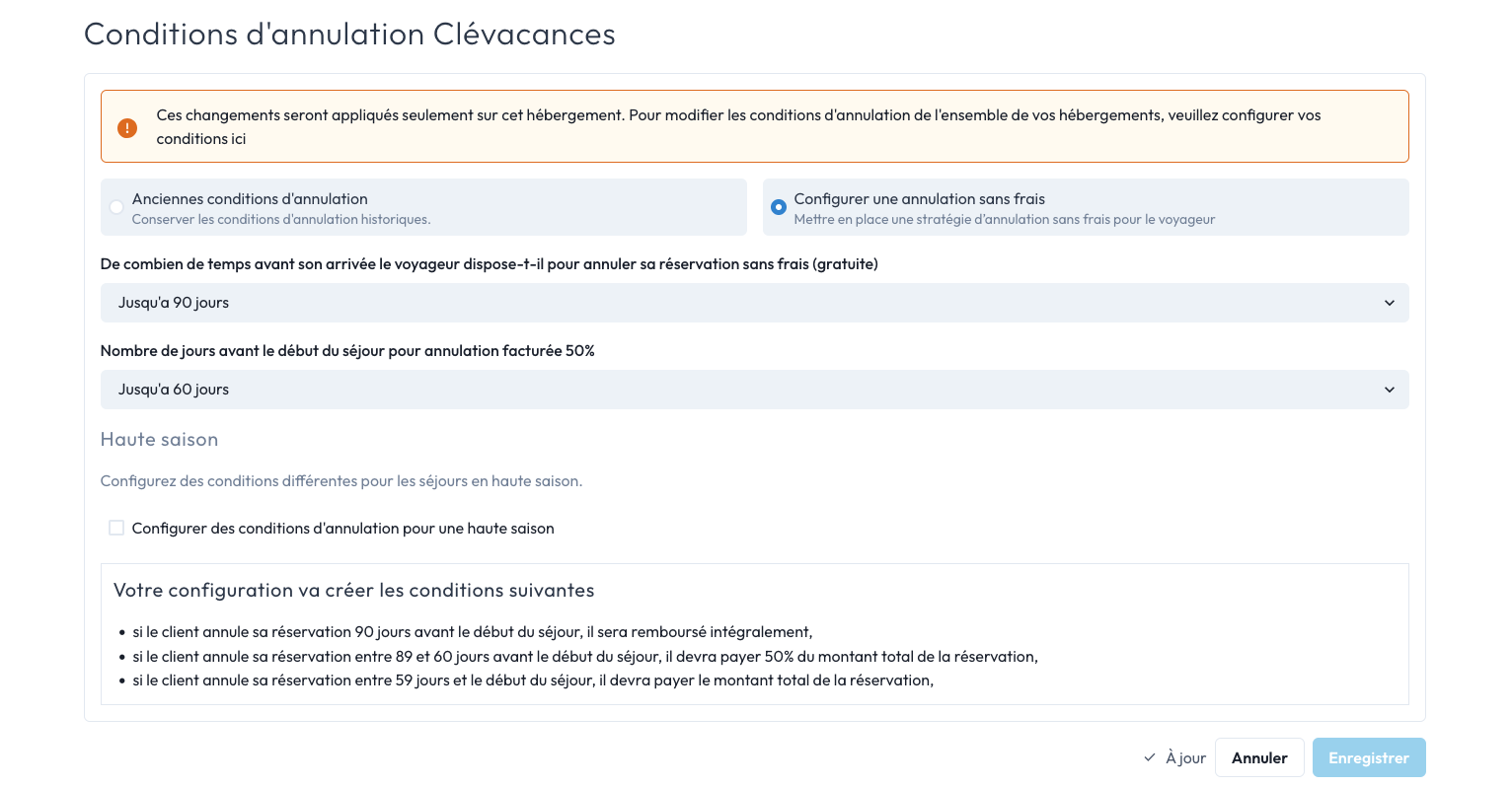 Formulaire pour configurer l'annulation sans frais.