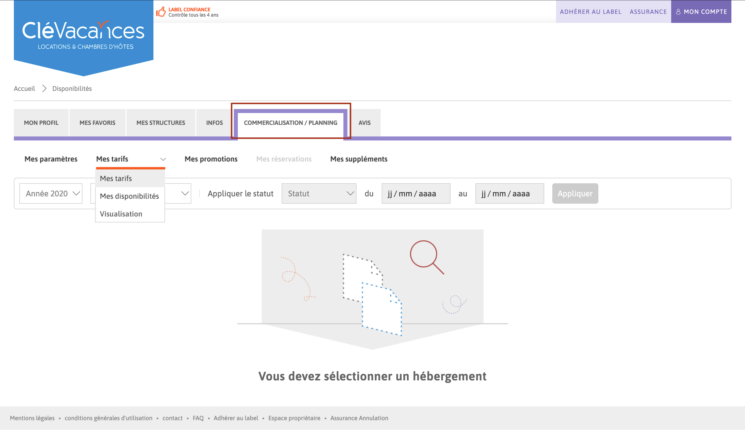 Page d'accueil de l'onglet Commercialisation/Planning.