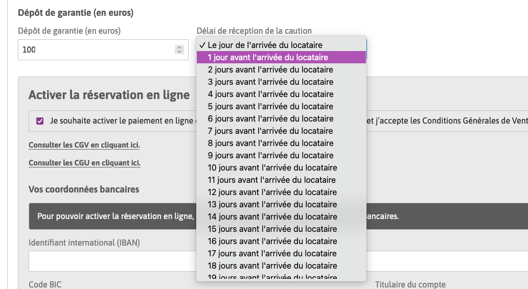 champ de dépôt de garantie et délai de réception.