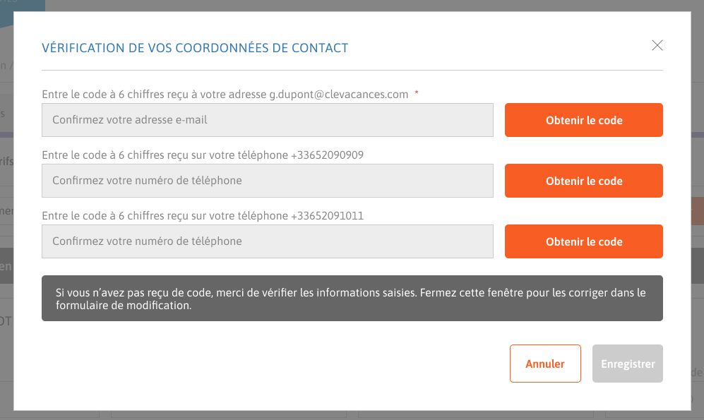 Demo Modale avec formulaire de confirmation des codes.