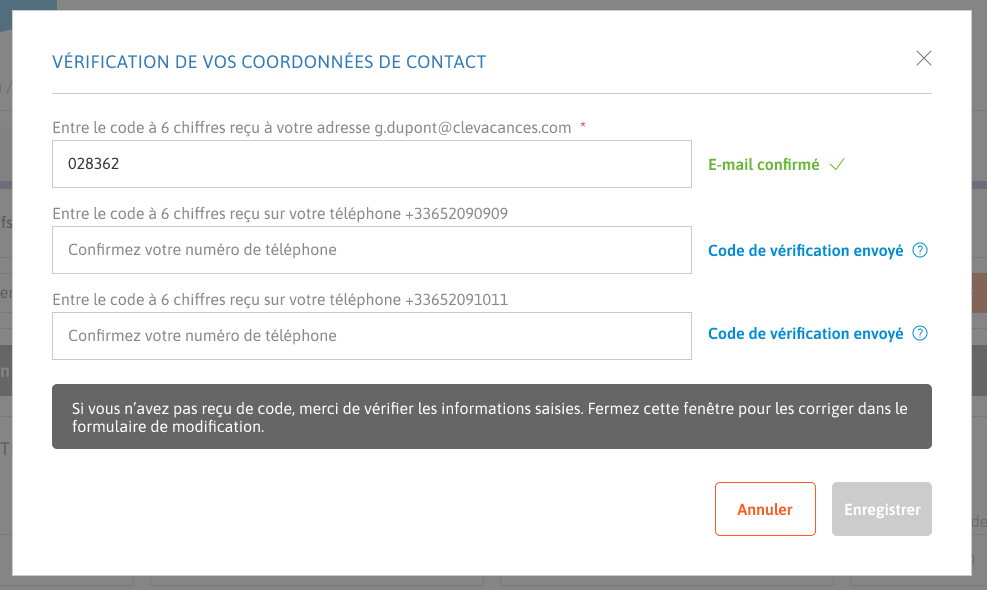 Demo Modale avec formulaire de confirmation des codes.