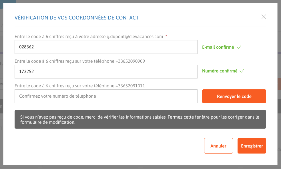 Demo Modale avec formulaire de confirmation des codes.