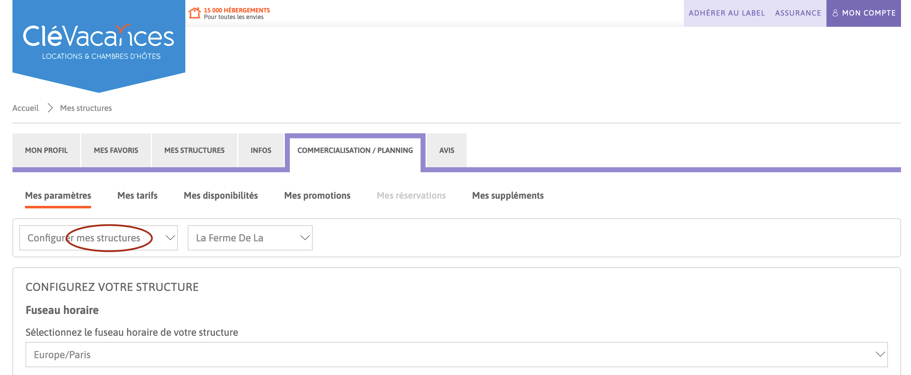 Formulaire de choix du fuseau horaire de la structure.