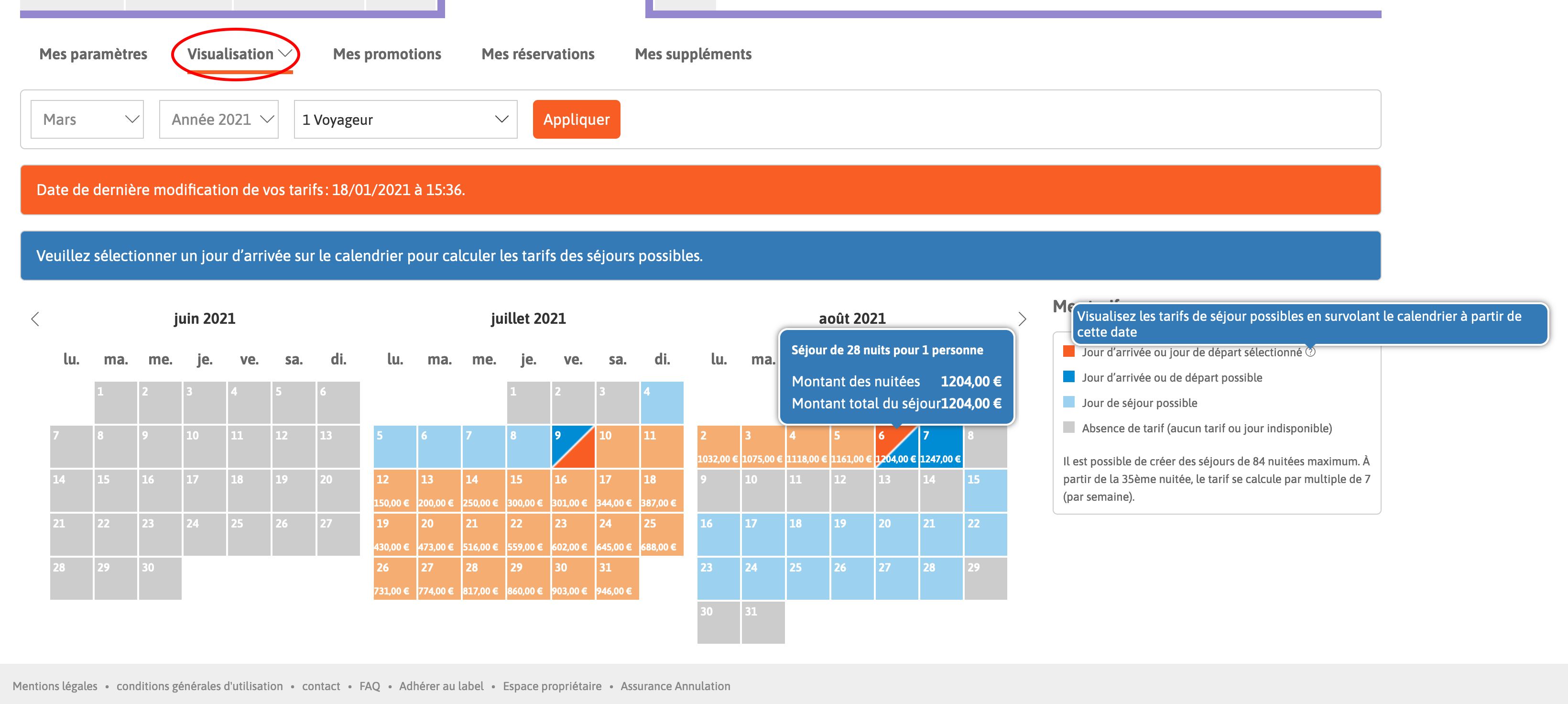 Calendrier de visualisation des tarifs.