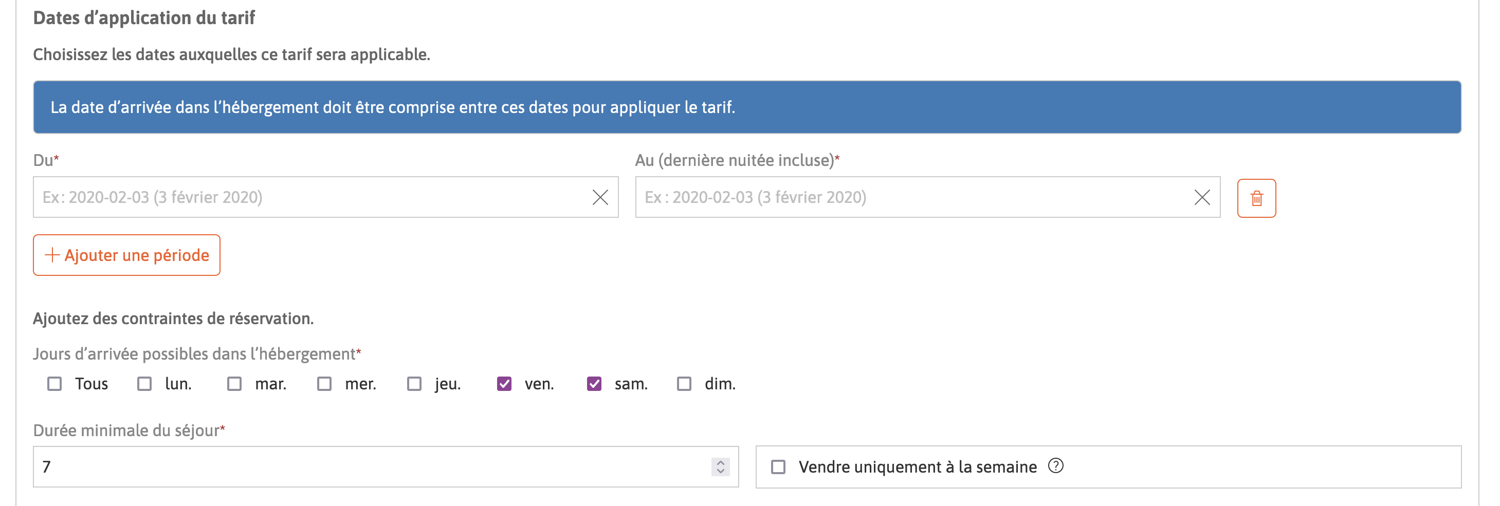 Formulaire configuration des dates d'application.