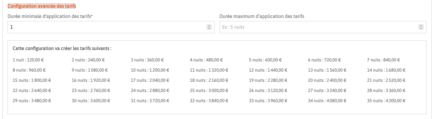 Formulaire de configuration avancée des tarifs.