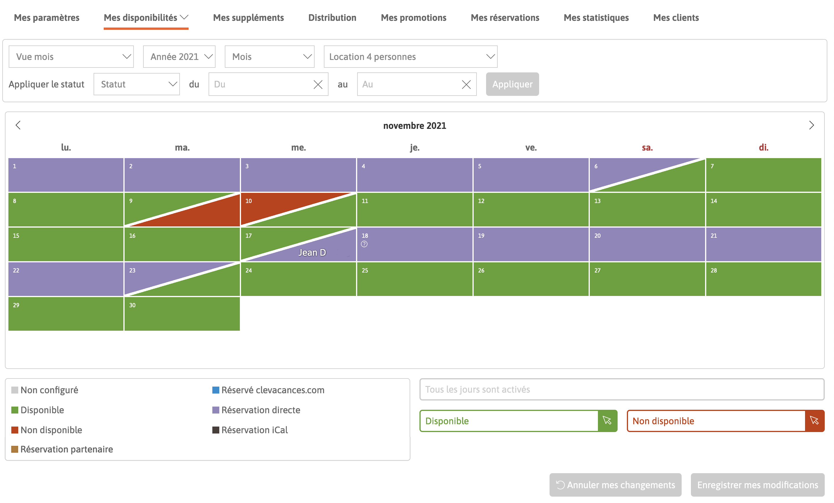 Vue du calendrier des disponibilités sur un mois.