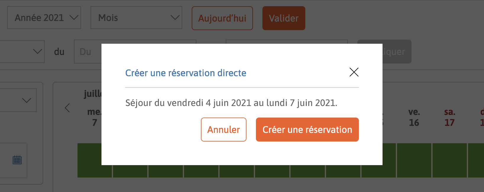 Fenêtre proposant de créer une réservation pour les dates choisies.