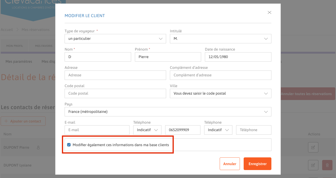 Formulaire de modification du client.