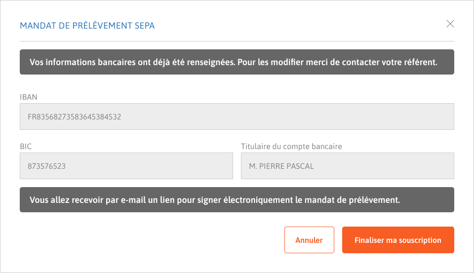Modale formulaire mandat sepa déjà signé.