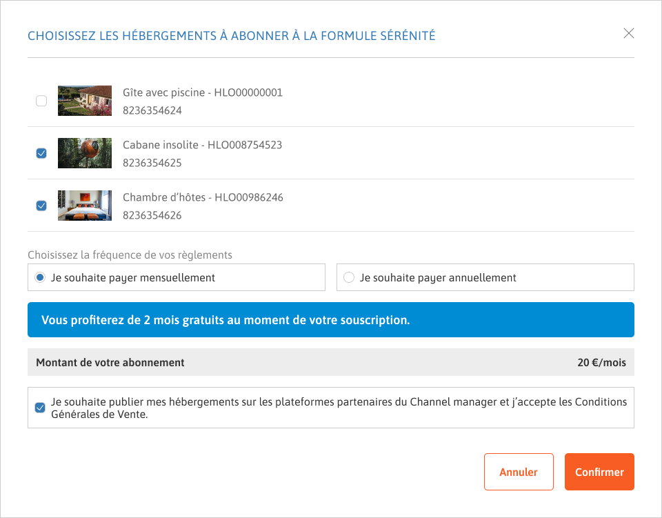 Modale avec choix des hébergements à abonner.