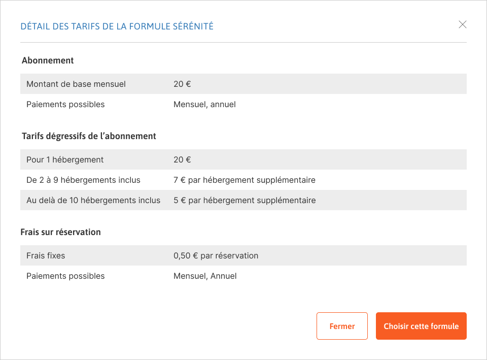 Modale détail de la formule avec tarifs.