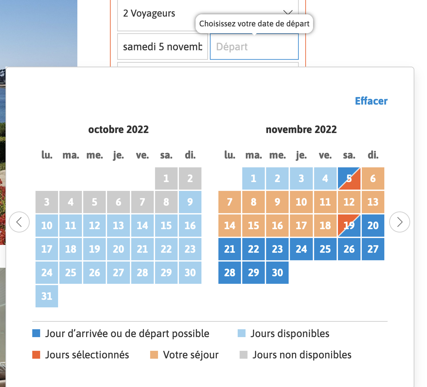 Capture d'écran Aside réservation sélecteur des dates.
