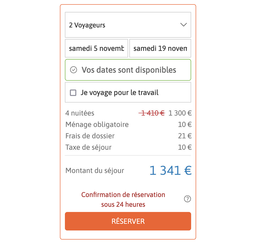 Capture d'écran Aside réservation avec résumé des tarifs.